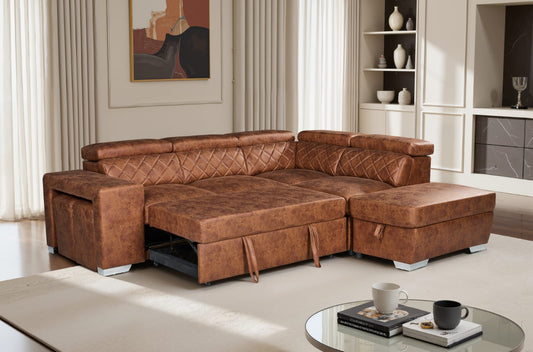 Helya L-Shape Leather Suede Brown 2C1 Corner Sofabed with Storage & Ottomans