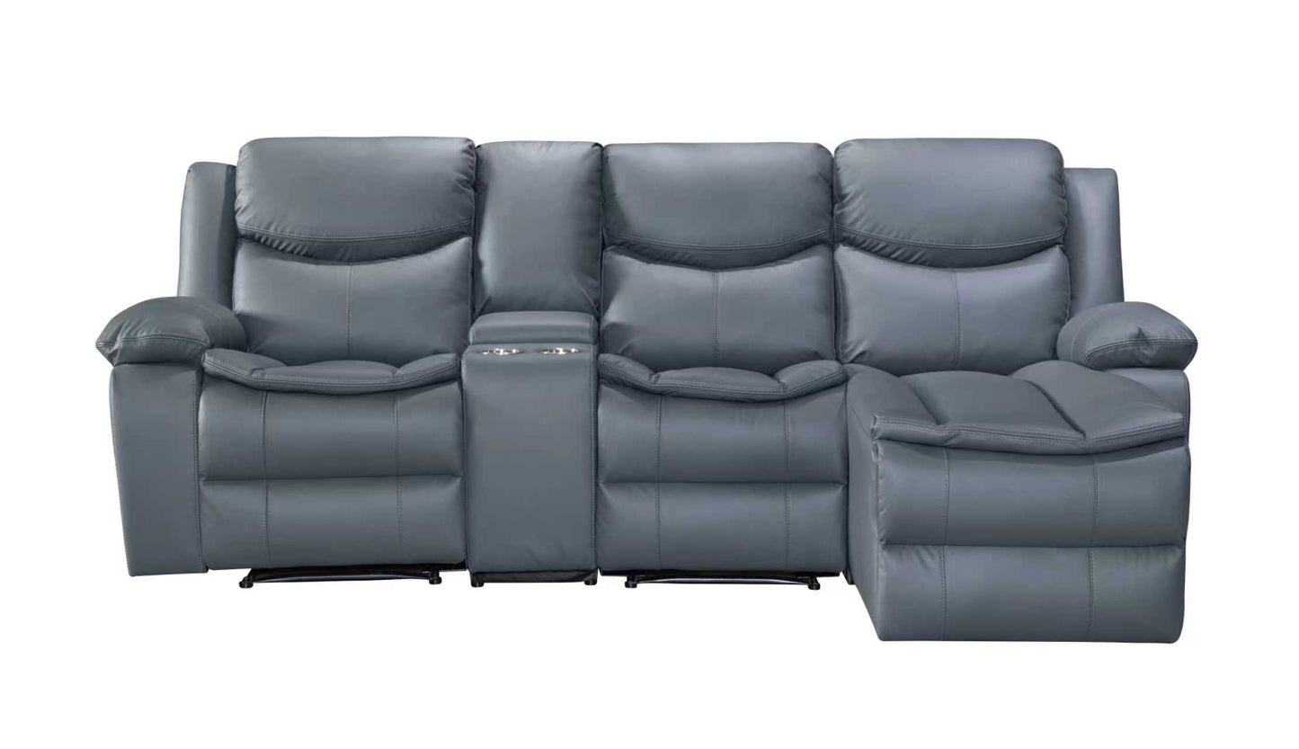 Coco 2-Seater Recliner with Chaise & Console – Air-Leather, Stainless Cupholders