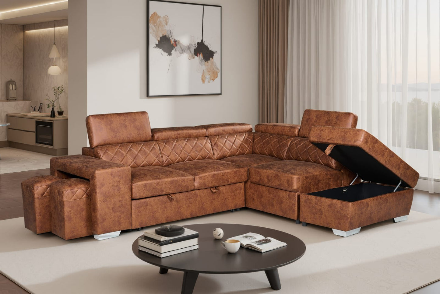 Helya L-Shape Leather Suede Brown 2C1 Corner Sofabed with Storage & Ottomans